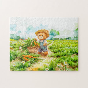 Puzzle Oso de peluche cosechando zanahorias en un campo