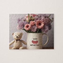 Puzzle Oso de peluche, flores y tazón de café - Rompecabe