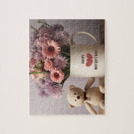 Puzzle Oso de peluche, flores y tazón de café - Rompecabe
