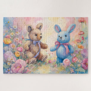Puzzle Oso de peluche y conejo en un jardín pastel