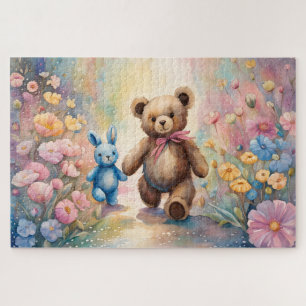 Puzzle Oso de peluche y conejo en un jardín pastel