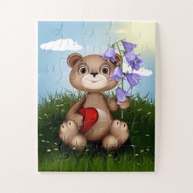 Puzzle Oso de peluche y flores con corazón rojo (Vertical)
