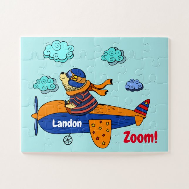 Puzzle ¡Oso en el avión! Niña personalizada (Horizontal)