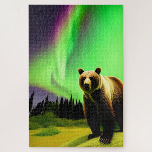 Puzzle Oso Grizzly de Alaskan y Aurora Boreal Verde