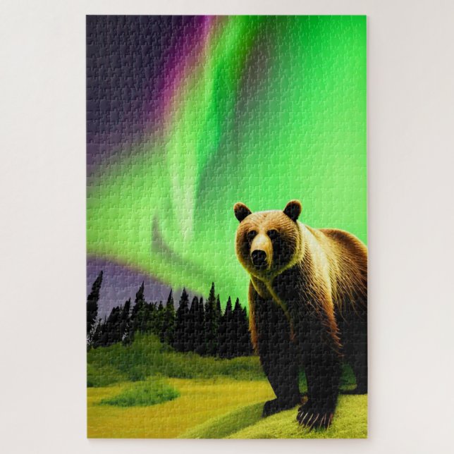 Puzzle Oso Grizzly de Alaskan y Aurora Boreal Verde (Vertical)