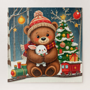 Puzzle Oso Lindo Sosteniendo Conejo Cerca del Árbol de Na