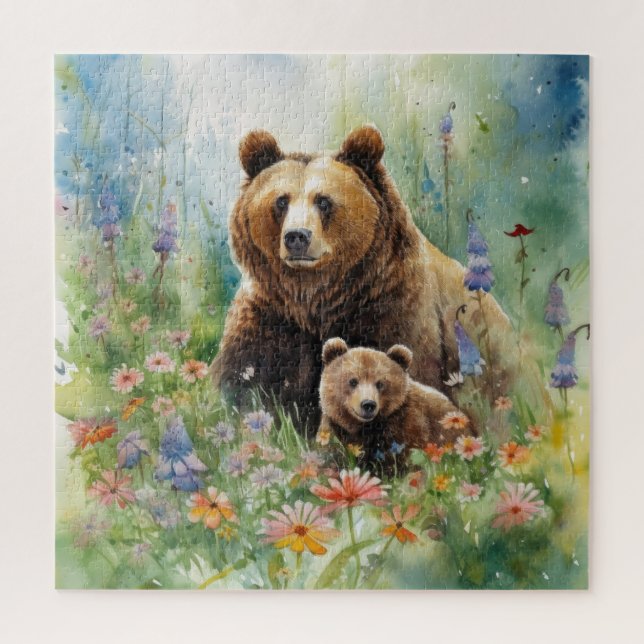 Puzzle Oso Madre Cachorro Campo de Flores Pintura (Vertical)