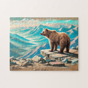 Puzzle Oso Marrón en Escena de Tiza Pastel de Montaña