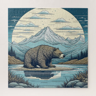 Puzzle Oso, Montañas, Lago, Arte Ai Luna Llena