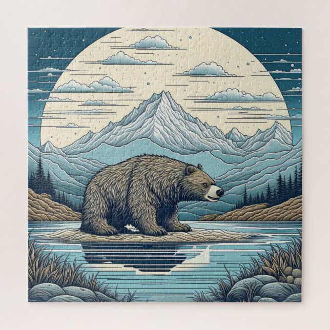Puzzle Oso, Montañas, Lago, Arte Ai Luna Llena (Vertical)
