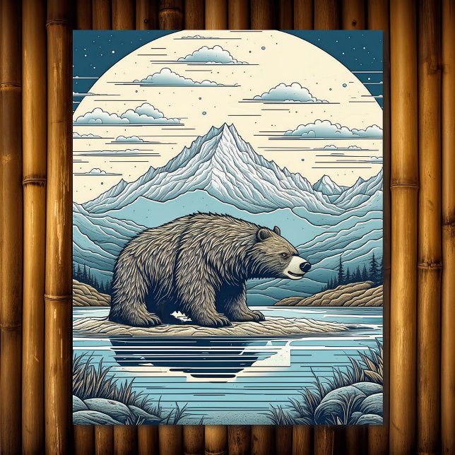 Puzzle Oso, Montañas, Lago, Arte Ai Luna Llena (Subido por el creador)