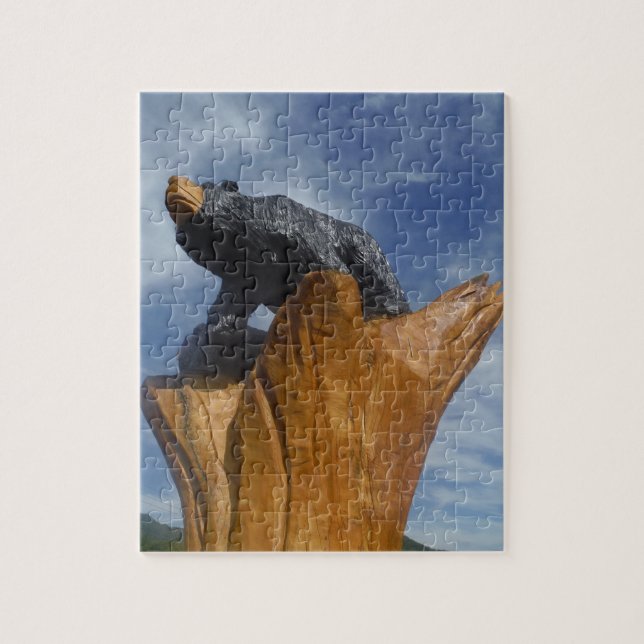 Puzzle Oso negro/marrón de madera con cielo azul (Vertical)