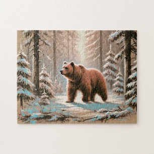 Puzzle Oso Pardo en Bosque Nevado Arte en Tiza Pastel
