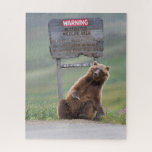 Puzzle Oso Pardo Juega Con Señal<br><div class="desc">Oso pardo rasca una señal al lado de la carretera en Sable Pass,  Parque Nacional Denali,  Alaska</div>
