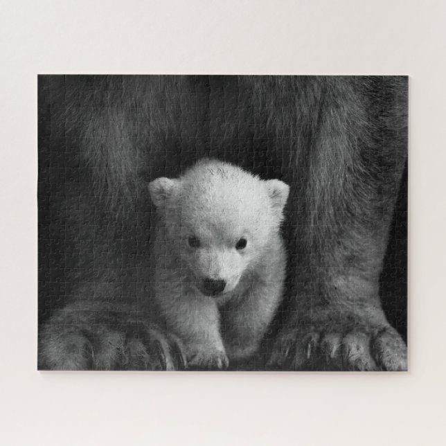 Puzzle Oso Polar Bebé con Madre, Negro y Blanco (Horizontal)