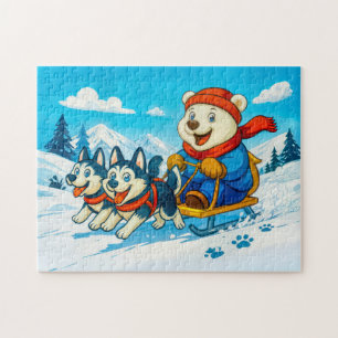 Puzzle Oso Polar Corriendo con un Equipo de Trineo de Per