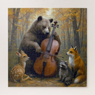 Puzzle Oso tocando el violonchelo en bosques de otoño