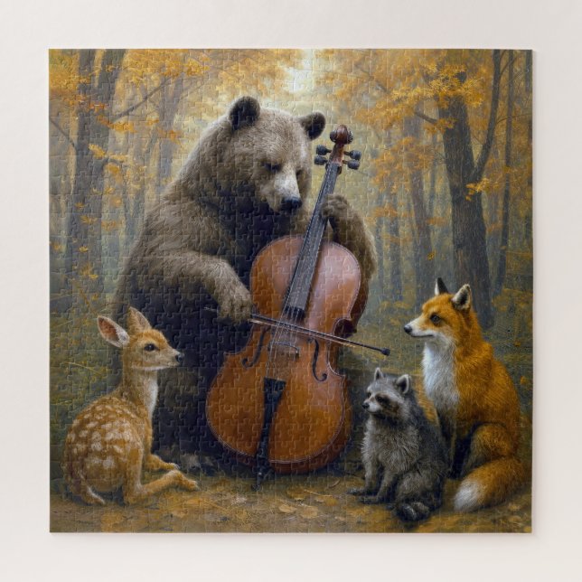 Puzzle Oso tocando el violonchelo en bosques de otoño (Vertical)