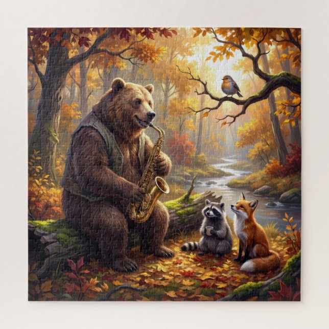 Puzzle Oso tocando un saxofón en el bosque de otoño (Vertical)