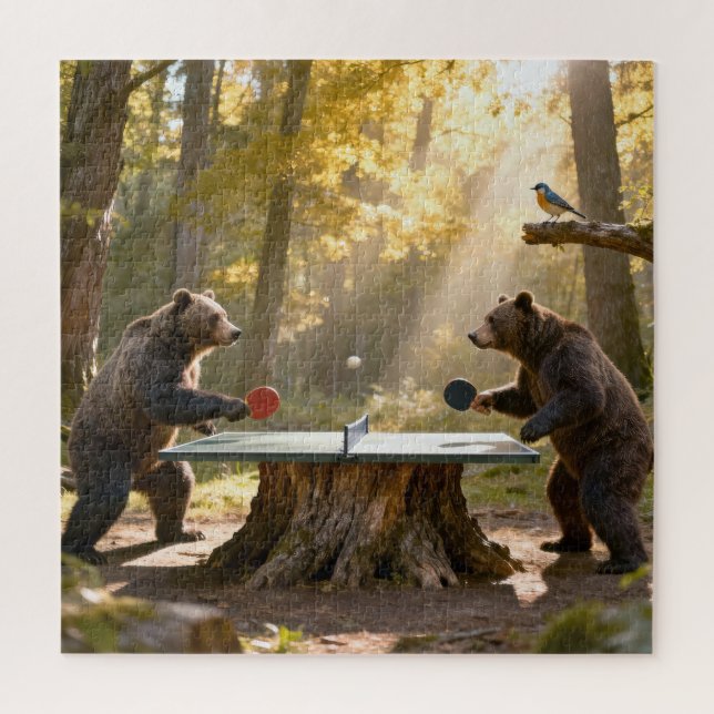 Puzzle Osos jugando ping pong en un bosque (Vertical)