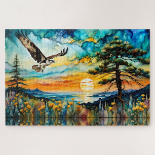 Puzzle Osprey en vuelo sobre flores silvestres en Sunset