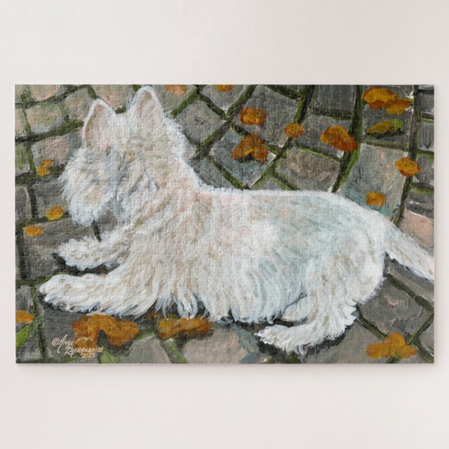 Puzzle Otoño deja a Westie en patio (Horizontal)