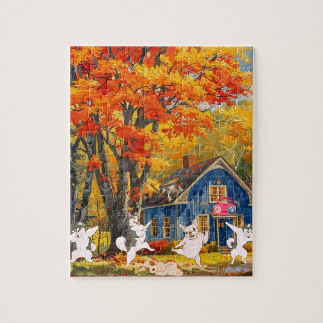 Puzzle otoño naranja árbol feliz perros cabaña bosque ata (Vertical)