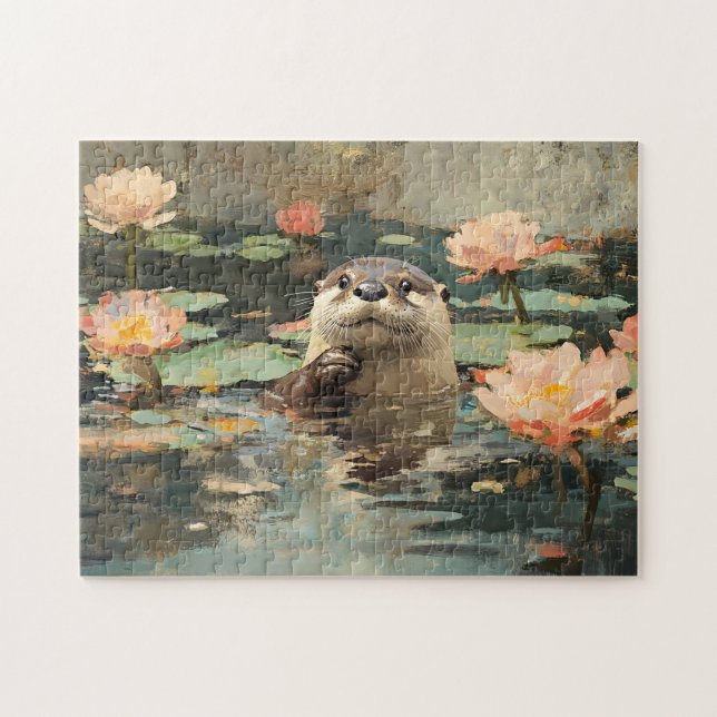 Puzzle Otter con pintura de flores de Lotus (Horizontal)
