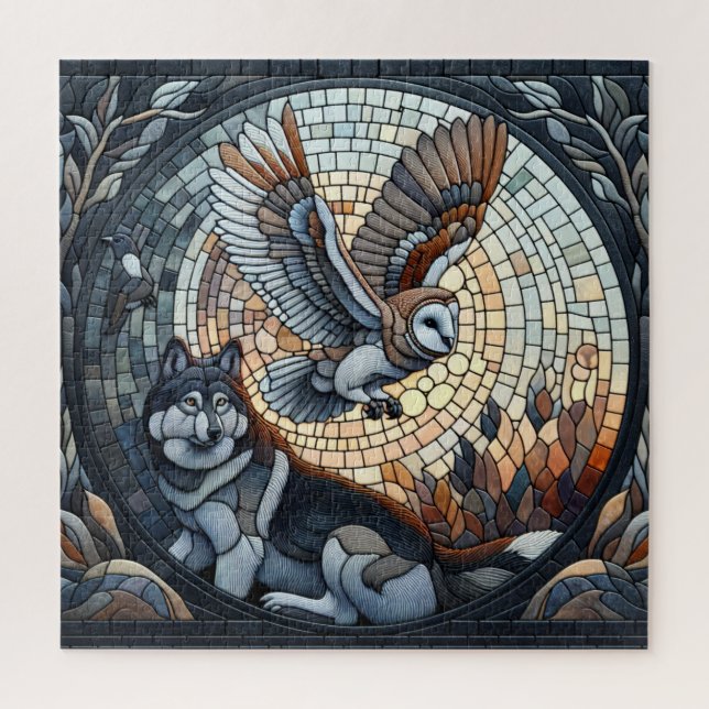 Puzzle Owl and Wolf Mosaic Ai Art (Vertical)