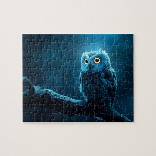 Puzzle owl on a branch at night (Horizontal)