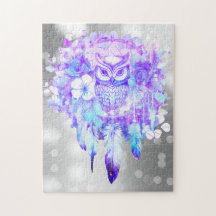 Owl Totem Dreamcatcher Floral Feather Púrpura Gris