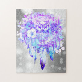 Puzzle Owl Totem Dreamcatcher Floral Feather Púrpura Gris