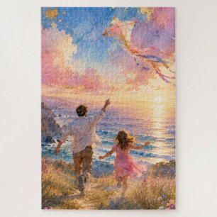 Puzzle Padre e hija volando una cometa por acantilados de