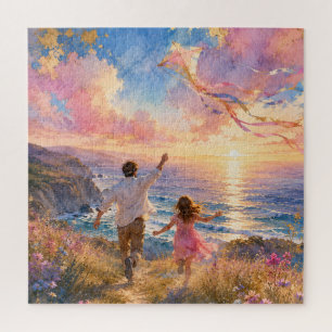 Puzzle Padre e hija volando una cometa por acantilados de