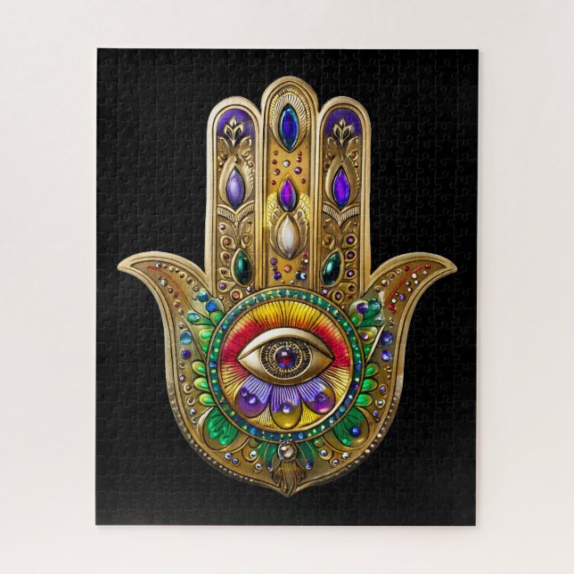 Puzzle Painted Gold Hamsa Amethyst Ruby Third Eye (Vertical)