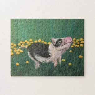 Puzzle Painting of Cute Grey Black and White Piglet  