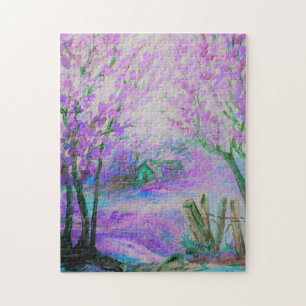 Puzzle Paisaje abstracto rosado con los árboles y la