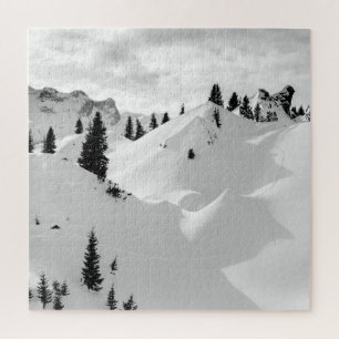 Puzzle Paisaje alpino: Montañas nevadas de árboles frutal