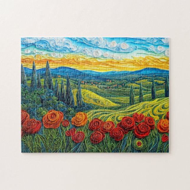 Puzzle Paisaje colorido de ladera con campo de amapolas (Horizontal)