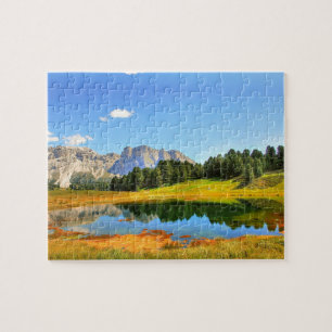Puzzle Paisaje colorido Montañas Lago Bosque Amarillo