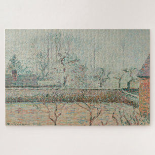 Puzzle Paisaje con casas y muro de cerca, escarcha y nieb