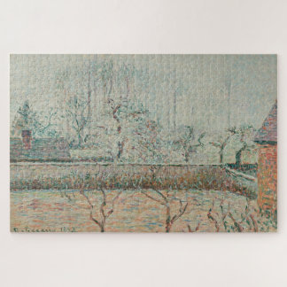 Puzzle Paisaje con casas y muro de cerca, escarcha y nieb