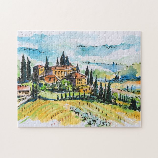 Puzzle Paisaje con los árboles de la ciudad y de ciprés (Horizontal)