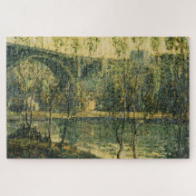 Paisaje con río y puente: primavera por la mañana