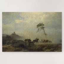 Paisaje con ruinas de castillo y paseos a caballo