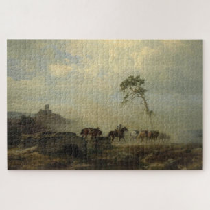 Puzzle Paisaje con ruinas de castillo y paseos a caballo