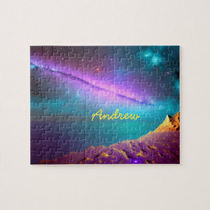 Puzzle Paisaje costero cósmico bajo un cielo neón