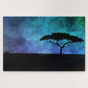 Puzzle Paisaje de árboles de acacia africanos en azul y p