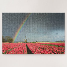 Puzzle Paisaje de Holanda con el arco iris, tulipanes,
