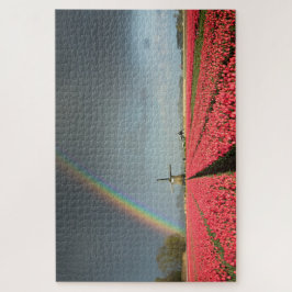 Puzzle Paisaje de Holanda con el arco iris, tulipanes,